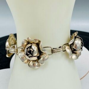 Sterling silver roses on a Vintage bracelet Art Deco 7”